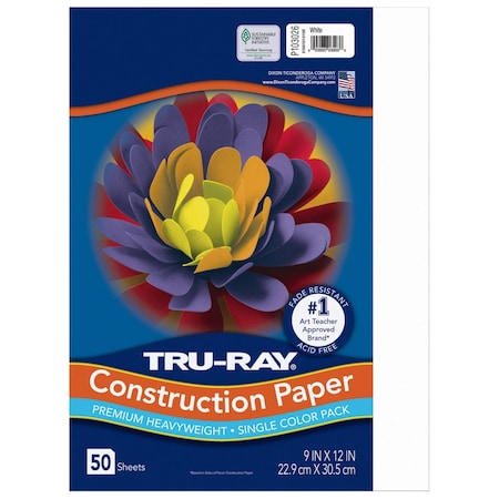 Pacon Tru-Ray Construction Paper, 76 lb Text Weight, 9 x 12, White, 50PK P103026